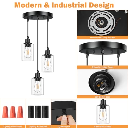 Licperron 3-Light Pendant Light Fixtures, Black Pendant Lights Kitchen Island, Adjustable
