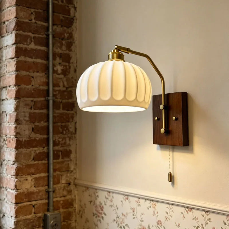 White Ceramic Lampshade Wall Lamp E27 Bulb Wood Base