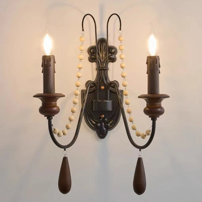 American Retro Wood Candle E27 Chandelier French