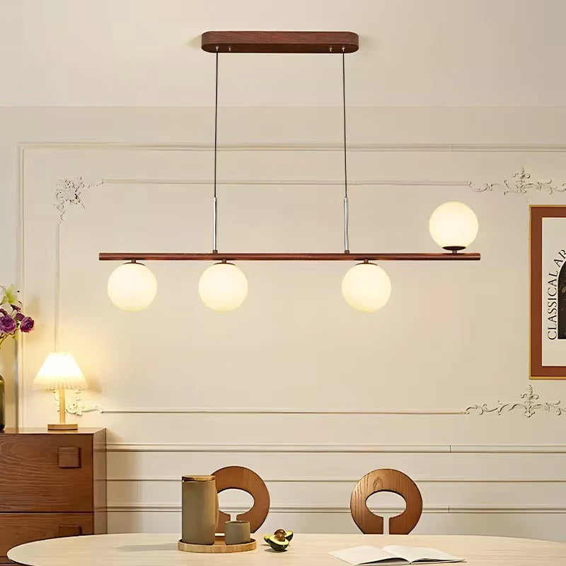 Glass Globe E27 Chandelier Living Room Wood Pendant