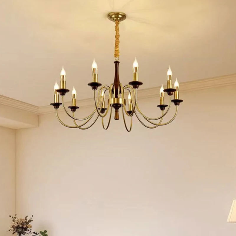 American Retro Candle Chandelier Living Room Solid Wood Iorn