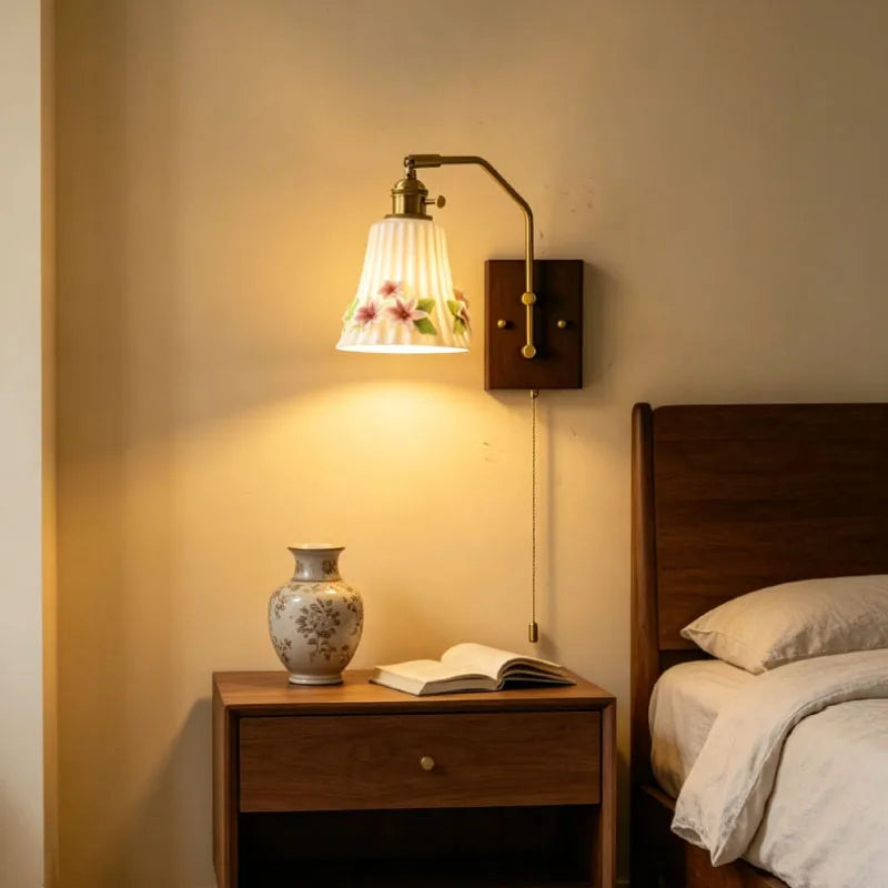 White Ceramic Wall Light Flower Wood Base Switch E27 Bulb
