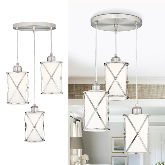 Brushed nickel 3-light pendant chandelier showing correct spacing over dining or counter area — LightExp