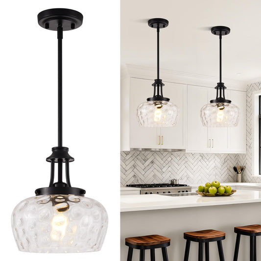 Matte black 10-inch pendant lights hung over kitchen island at correct height — LightExp