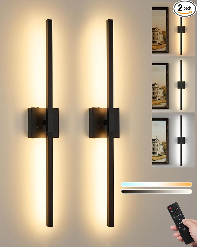 Black battery operated wall sconce with remote — flexible mounting height anywhere — LightExp