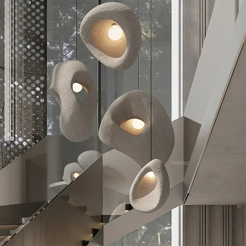 Nordic villa stair Wabi-Sabi irregular pendant chandelier — foyer and two-story entryway sizing — LightExp