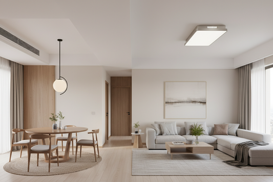 Modern living and dining space showcasing how to choose ceiling lamps for a stylish, functional home