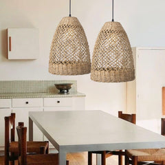 Farmhouse Coastal Boho Hanging Lamp with Handwoven Rattan Woven Pendant Light