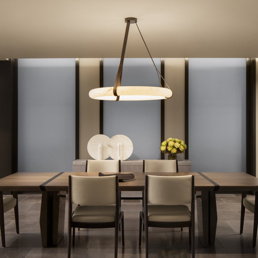 Leather Circular Alabaster Chandelier