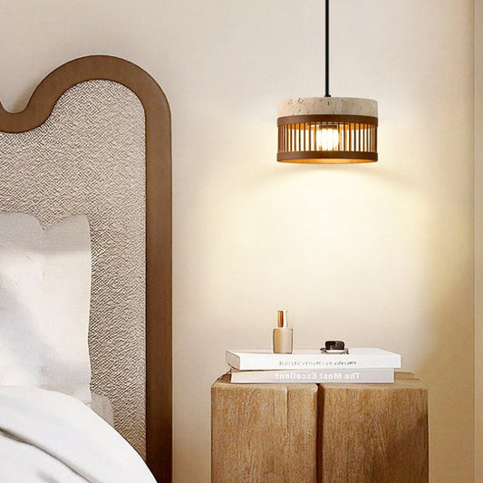 Modern Cylinder Slatted Travertine Pendant Light