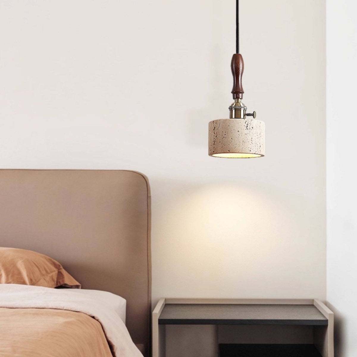 Modern Travertine & Wood Pendant Light – Travertine detail 4