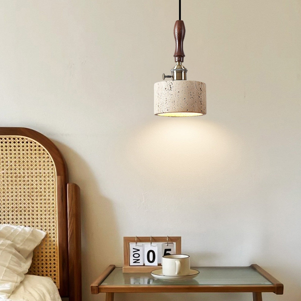 Modern Travertine & Wood Pendant Light – Travertine detail 6
