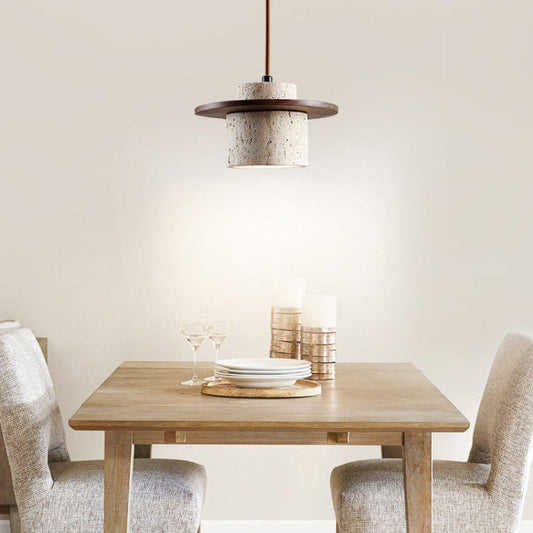 Travertine Wood Cylinder Pendant Light