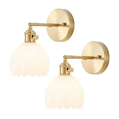 Wall Sconces Set of Two Hardwired, Vintage Sconce Light with Tulip Milk White Glass