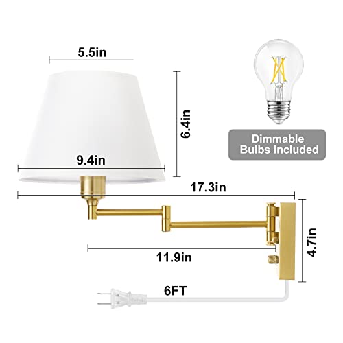 all Sconce Plug in, Brushed Brass Dimmable Wall Sconces Set of 2 Swing Arm Wall Lights