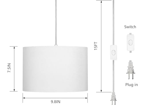 ZSLAIFU 15FT Plug in Pendant Light, Hanging lamp with Switch,White Hanging Lights with