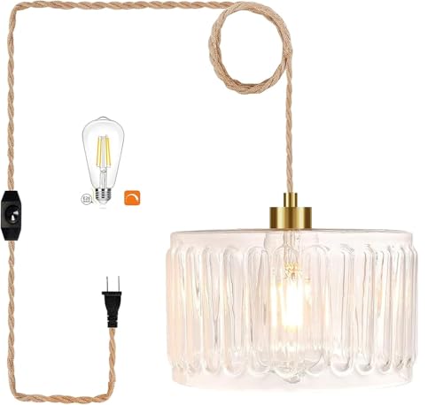 QIYIZM Glass Plug in Pendant Light Hanging Lights with Plug in Cord Milk White Hanging