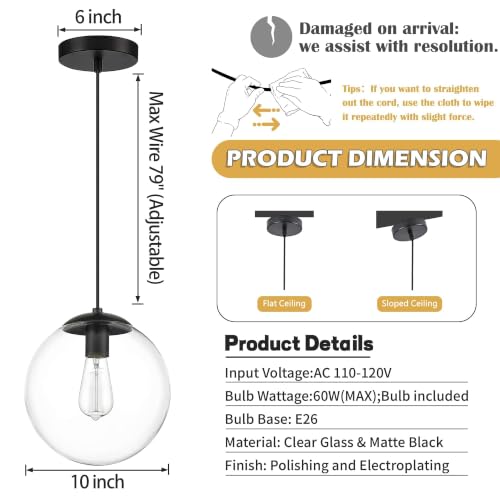 KoKo&Yukina 10" Clear Glass Pendant Lights Kitchen Island 2 Pack Modern Globe Pendant