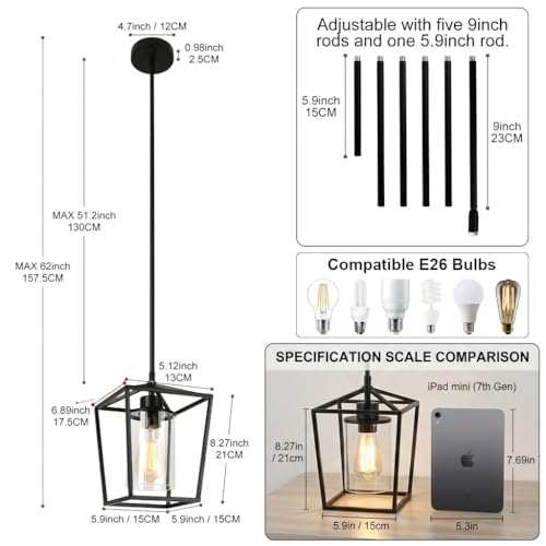 2 Pack 1-Light Black Pendant Lights for Kitchen Island, Farmhouse Metal Pendant Light