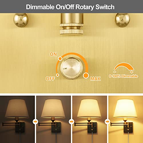 all Sconce Plug in, Brushed Brass Dimmable Wall Sconces Set of 2 Swing Arm Wall Lights