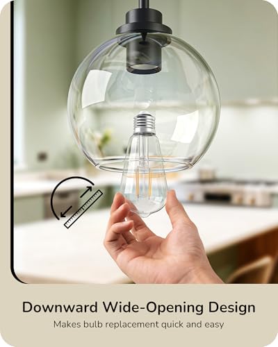 EDISHINE 2-Pack Pendant Light Kitchen Island Clear Glass Globe Black