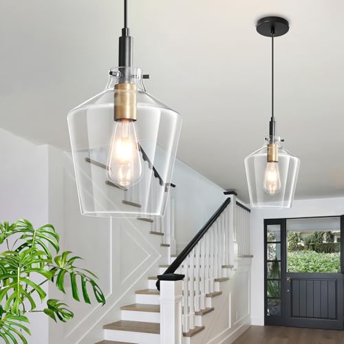 Glass Pendant Lighting for Kitchen Island 2 Pack Black Gold Clear 8 Inch