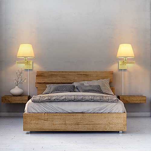 all Sconce Plug in, Brushed Brass Dimmable Wall Sconces Set of 2 Swing Arm Wall Lights