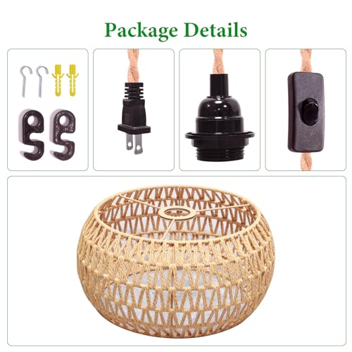 Plug in Pendant Light Rattan Hanging Lamp Pendant Light with on/Off Switch Rattan Woven