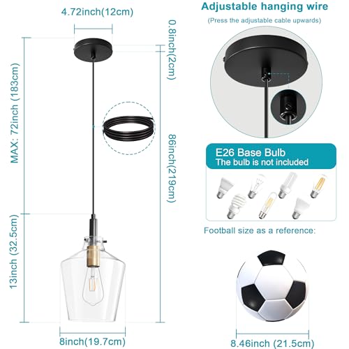 Glass Pendant Lighting for Kitchen Island 2 Pack Black Gold Clear 8 Inch