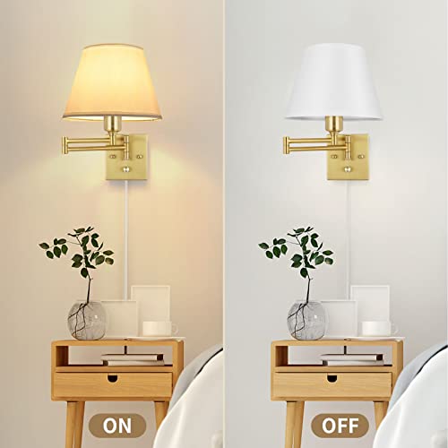 all Sconce Plug in, Brushed Brass Dimmable Wall Sconces Set of 2 Swing Arm Wall Lights