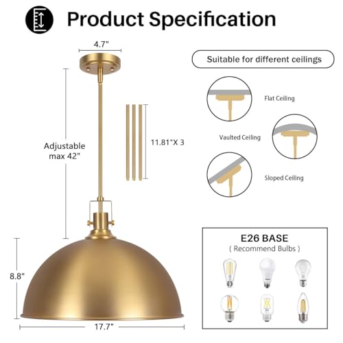 LamQee 18 Inch Brushed Gold Large Pendant Light Kitchen Island, Farmhouse Modern Dome