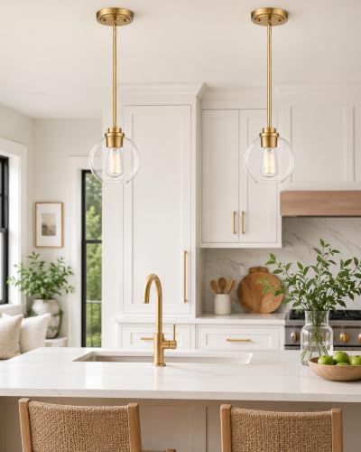 Brass Pendant Lights Kitchen Island 2 Pack, Farmhouse Gold Pendant Light with Clear Glass