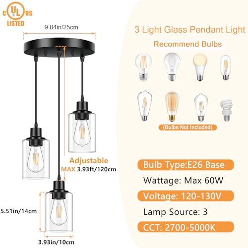 Licperron 3-Light Pendant Light Fixtures, Black Pendant Lights Kitchen Island, Adjustable