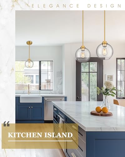 Brass Pendant Lights Kitchen Island 2 Pack, Farmhouse Gold Pendant Light with Clear Glass