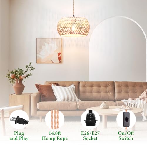 Plug in Pendant Light Rattan Hanging Lamp Pendant Light with on/Off Switch Rattan Woven