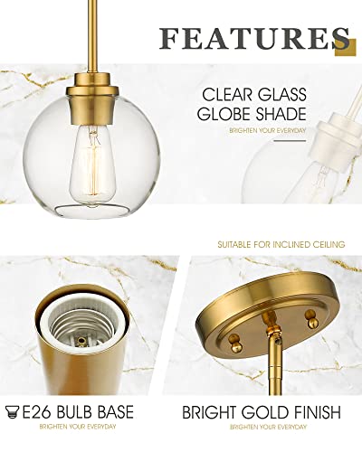 Brass Pendant Lights Kitchen Island 2 Pack, Farmhouse Gold Pendant Light with Clear Glass