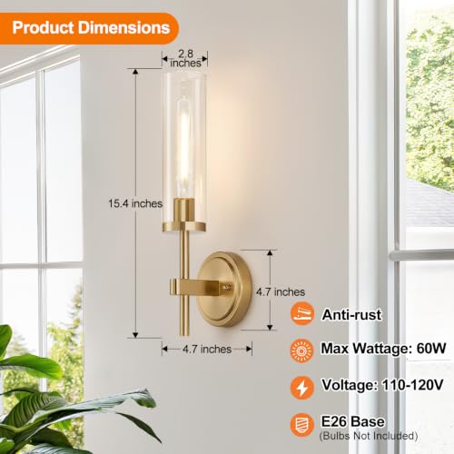 Hardwired] Wall Sconces Set of Two, Brushed Gold Bathroom Sconces Wall Decor Set of 2