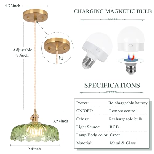 Battery Operated Pendant Light,Vintage Light Fixtures RGB Light Bulb 2500mAh 9.4in Green