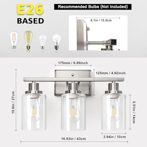 athroom Vanity Light Fixtures, 3 Light Wall Sconces Lighting with Clear Glass Shade