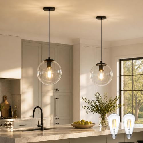 KoKo&Yukina 10" Clear Glass Pendant Lights Kitchen Island 2 Pack Modern Globe Pendant