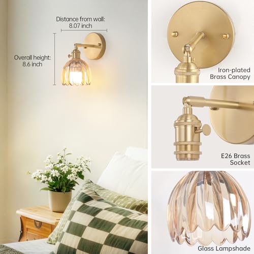 intage Battery Operated Wall Sconce with Amber Tulip Glass Lampshade Rechargeable Battery
