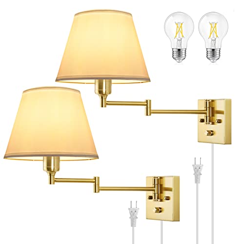 all Sconce Plug in, Brushed Brass Dimmable Wall Sconces Set of 2 Swing Arm Wall Lights