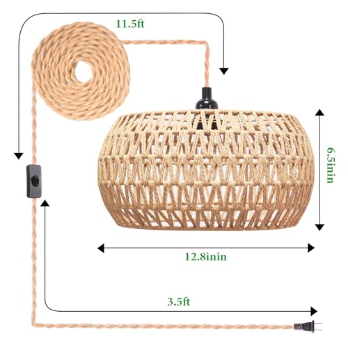 Plug in Pendant Light Rattan Hanging Lamp Pendant Light with on/Off Switch Rattan Woven