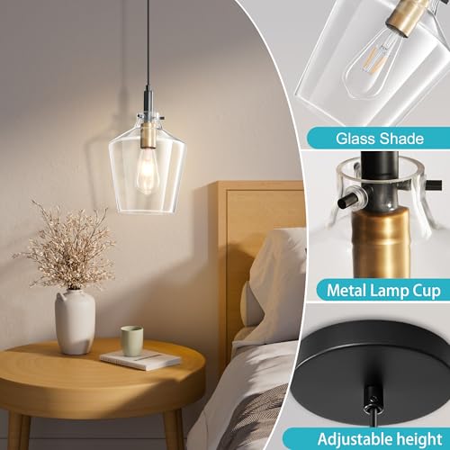 Glass Pendant Lighting for Kitchen Island 2 Pack Black Gold Clear 8 Inch