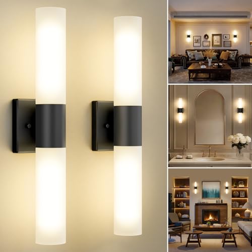 all Sconces Set of Two, Modern 21" Vanity, Frosted Glass, Black