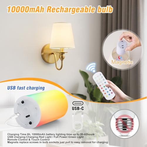 Battery Operated Wall Sconces set of Two,Wireless Wall Sconces with 10000mAh Dimmable