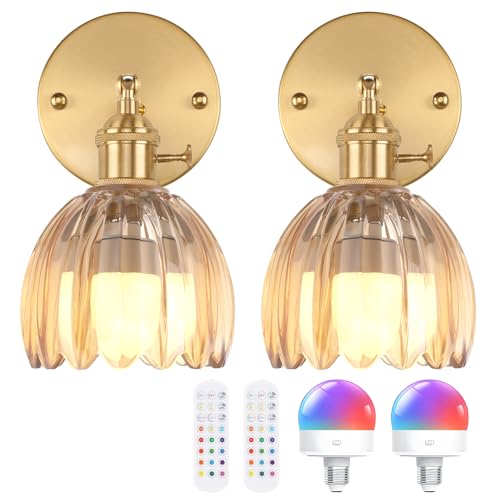 intage Battery Operated Wall Sconce with Amber Tulip Glass Lampshade Rechargeable Battery
