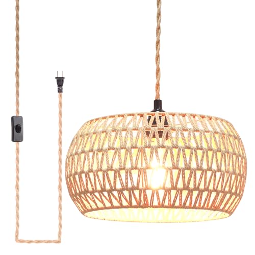 Plug in Pendant Light Rattan Hanging Lamp Pendant Light with on/Off Switch Rattan Woven