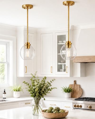 Brass Pendant Lights Kitchen Island 2 Pack, Farmhouse Gold Pendant Light with Clear Glass