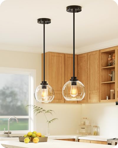 EDISHINE 2-Pack Pendant Light Kitchen Island Clear Glass Globe Black